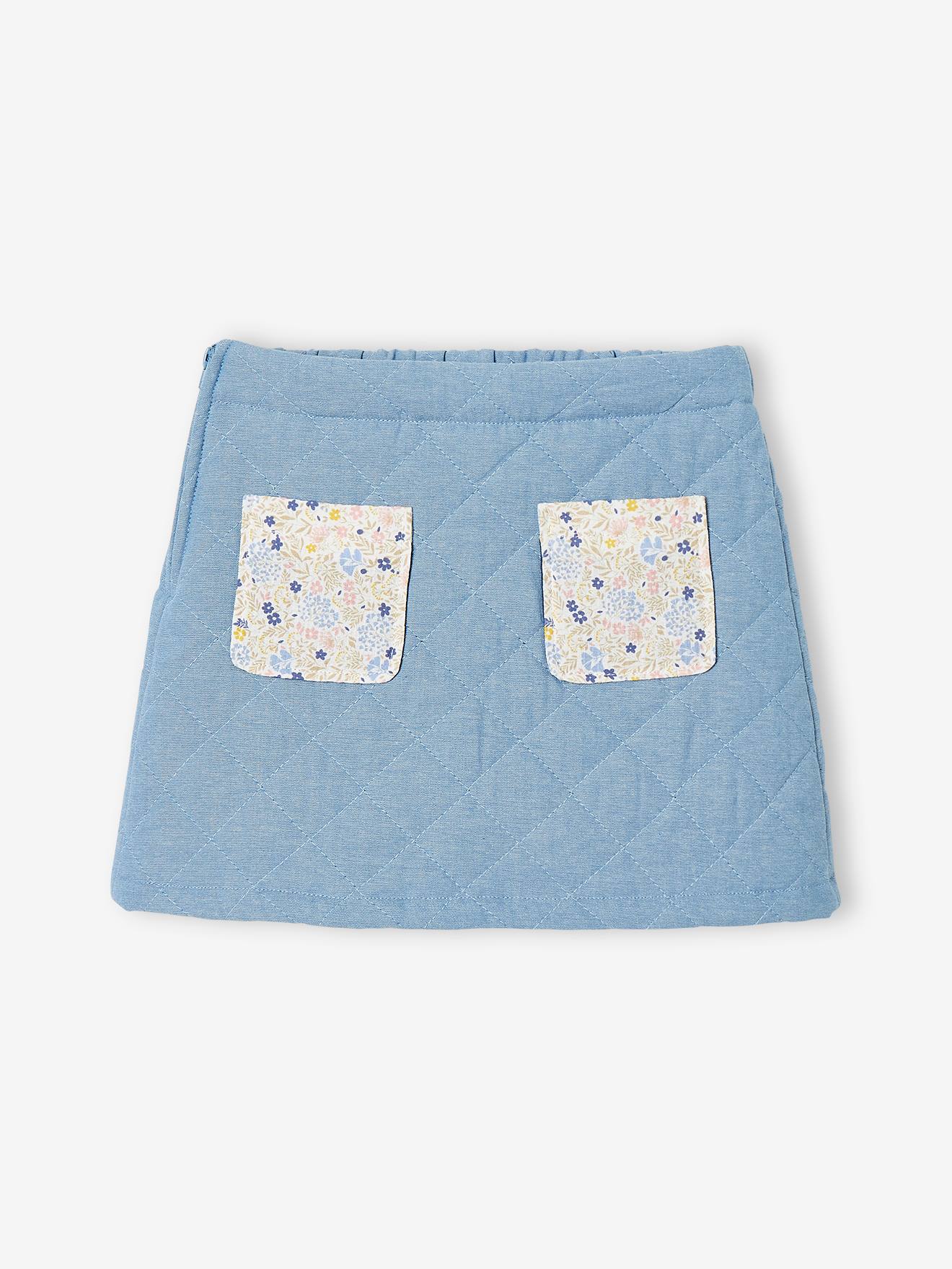 Saia jeans com matelassê e bolsos com estampa floral para meninas, pedraria dupla
