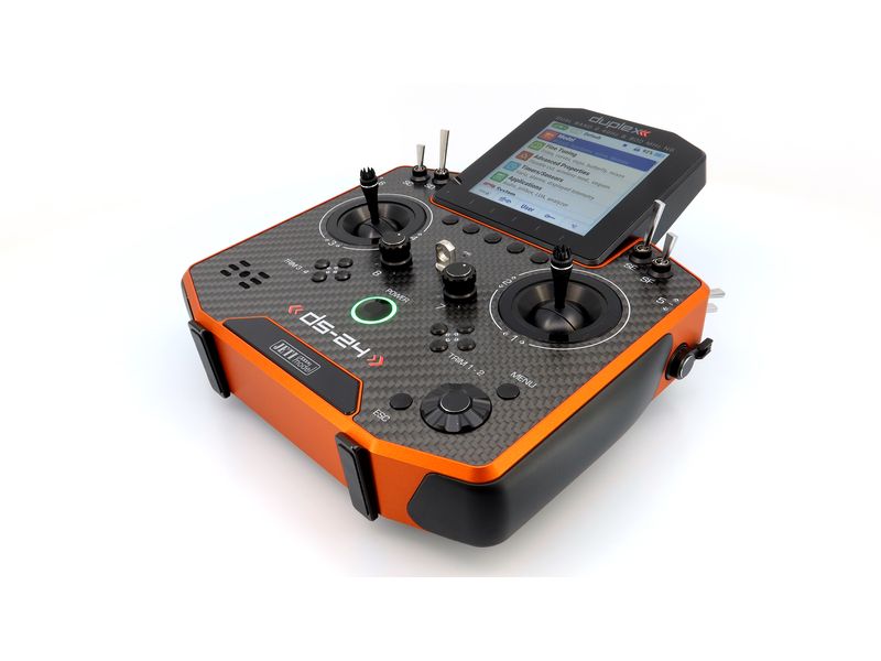 Jeti Fernsteuerung DS-24II Carbon Line Orange 24 Kanal, Dup Professioneller 24-Kanal-Sender mit Geber auf Rückseite und Carbon-Frontplatte