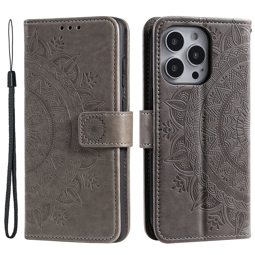 iPhone 14 Pro Leder Tasche Wallet - Mandala Flowers Imprint - Grau