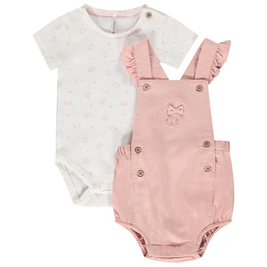 ensemble barboteuse et body manches courtes imprimé lapin pour bébé fille - Rose