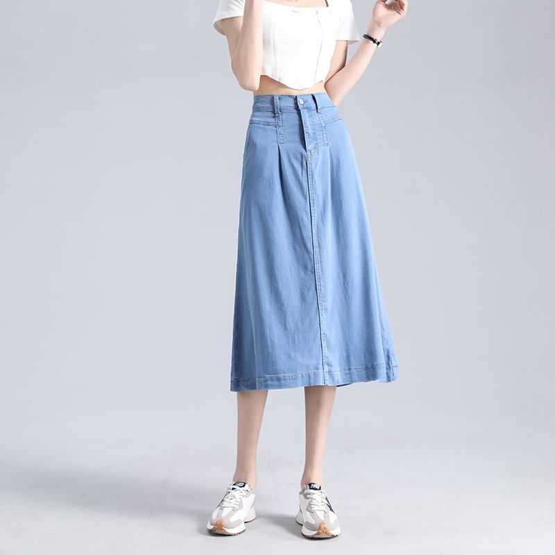 Magimomo - Midi-A-lijn denim rok met hoge taille
