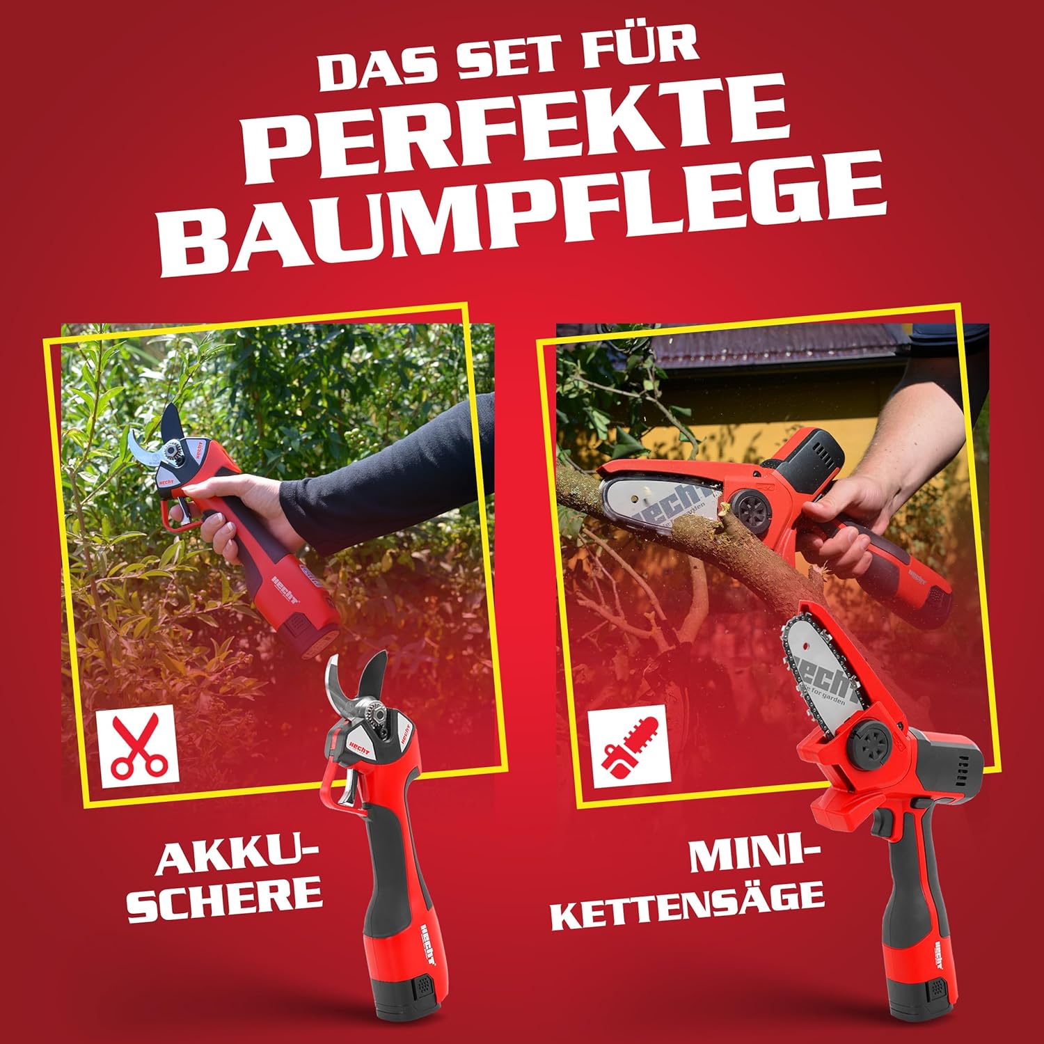 HECHT Akku Astschere 32 mm & Mini Kettensäge 14 cm – elektrische Gartenschere 650 W mit 2 × 14,4 V Akkus, Profi Baumscheren-Set für Garten-, Ast- & Holzsäge-Arbeiten, inkl. Tasche & Zubehör