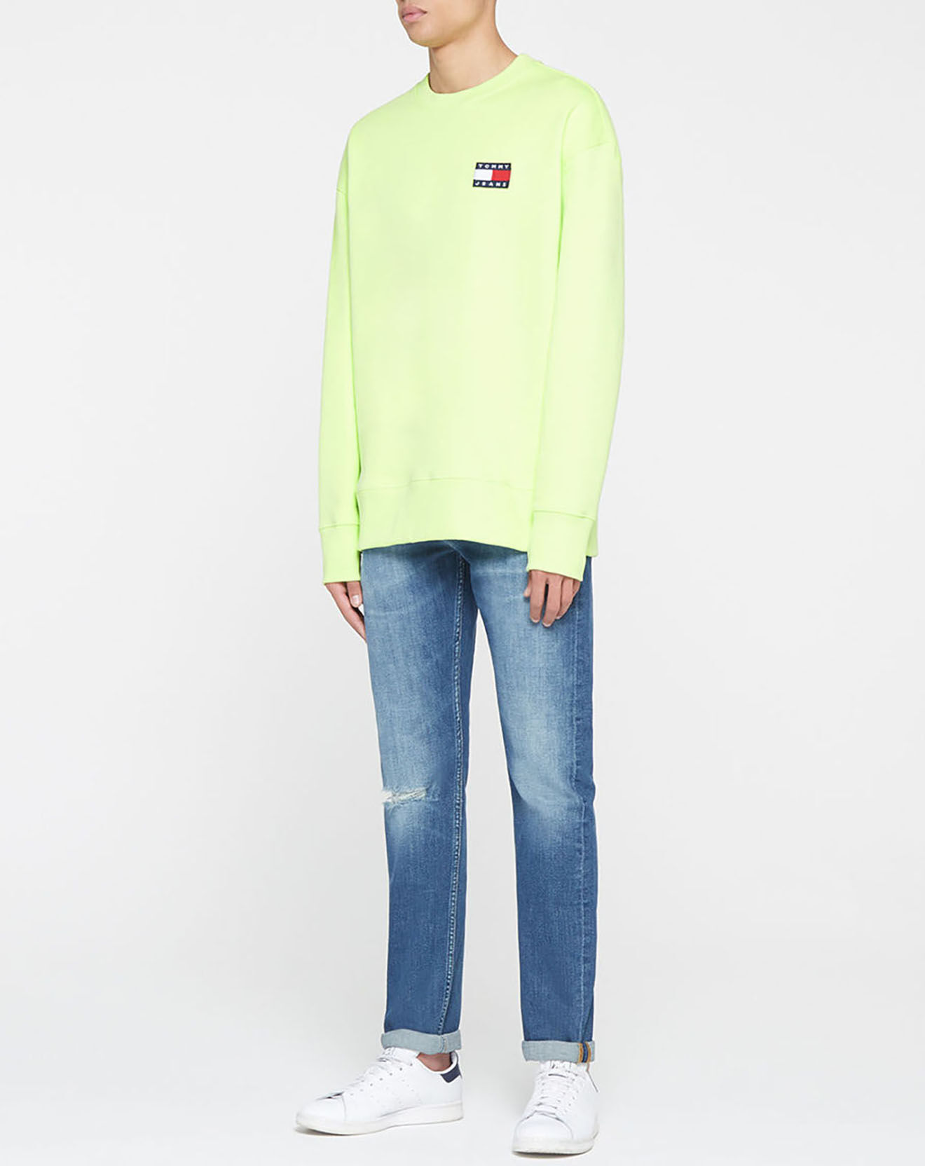 Tommy Jeans Sweat 100% Coton Bio badge crew vert fluo