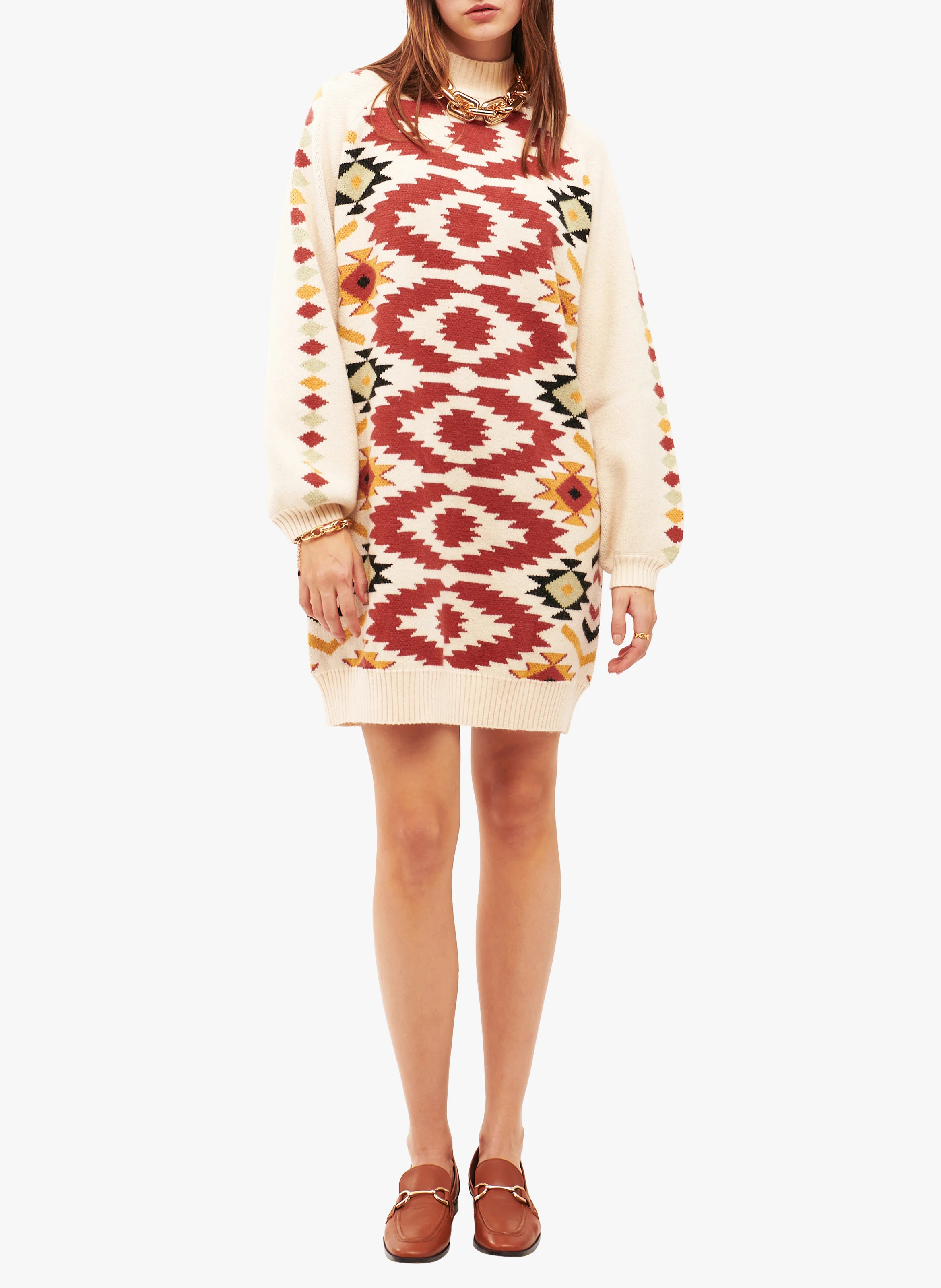 CRISSY - Robe pull col cheminée jacquard| Beige