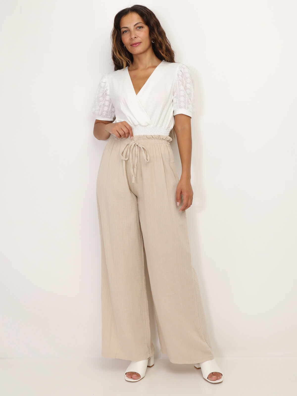 Pantalon ample texturé- Beige