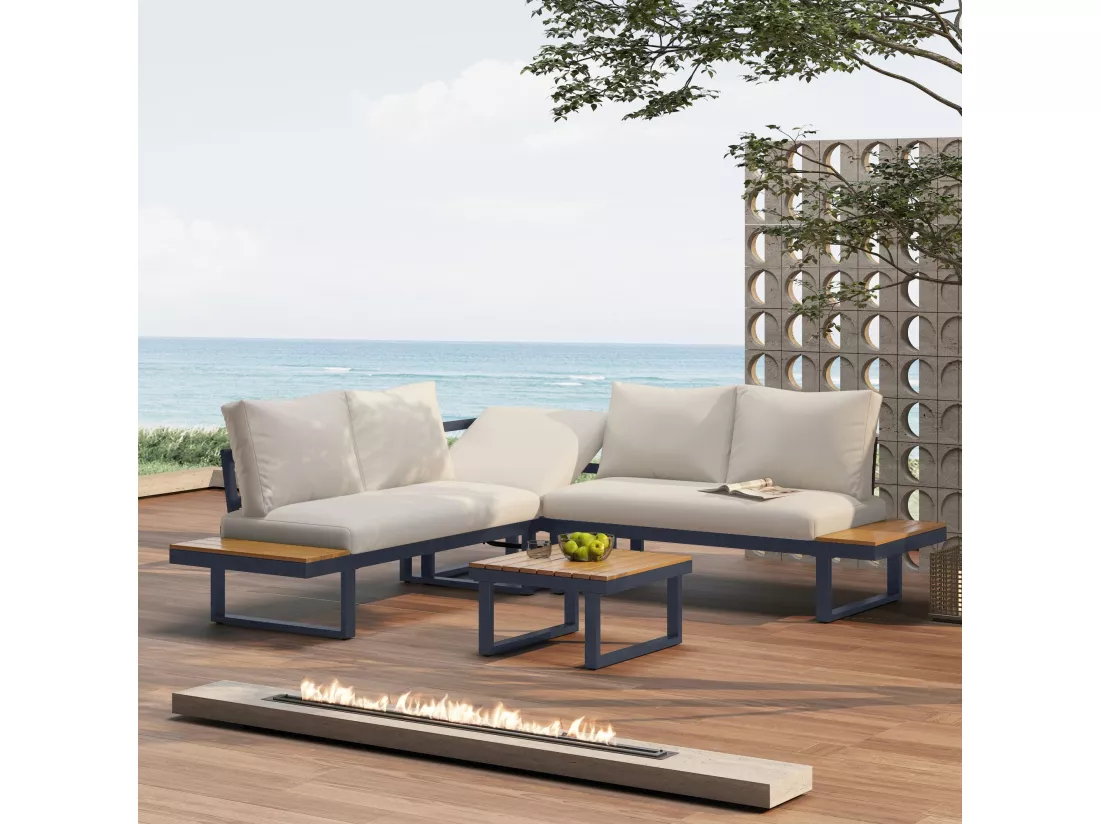 Ensemble de relaxation de jardin, position d'angle, chaise longue réglable (5 niveaux de réglage, max. 55°), avec table basse, gris + beige