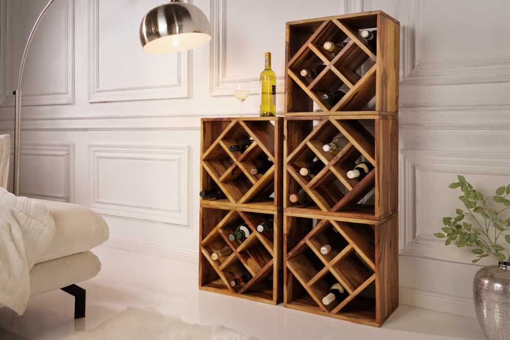 Massivholz Weinregal CUBUS 40cm braun Sheesham stone finish Beistelltisch handmade