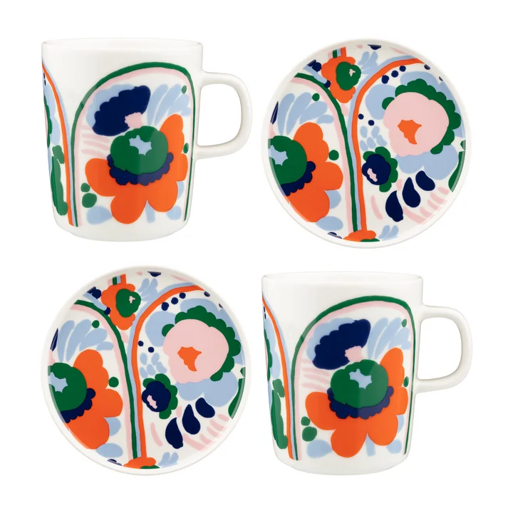Marimekko - Karuselli Becher und Teller Set, weiss / orange / blau / emerald (4tlg.)