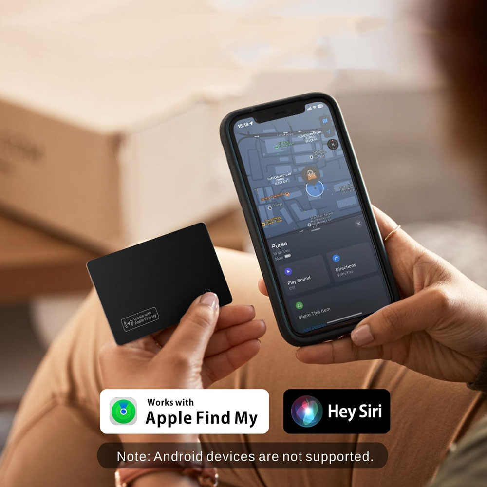 Wallet Bluetooth Keyfinder Smart Tracker Tag Card Karte für iOS mit Apple Find My Network und Wireless Charging (inkl. Akku) - Schwarz