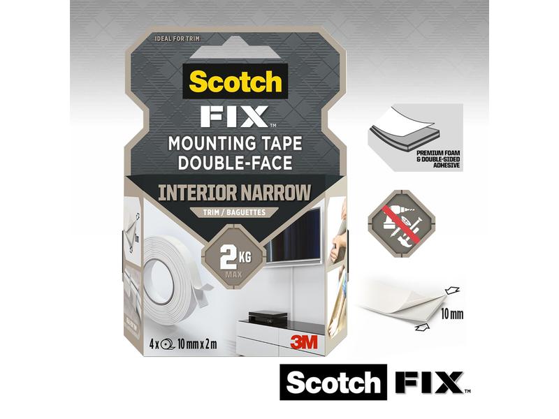 Scotch Montageband Scotch-Fix, 10 mm x 2 m, Weiss Doppelseitiges Klebeband für Zierleisten