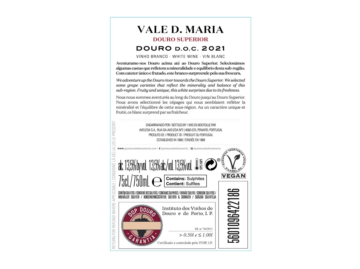 VINHO BRANCO VALE DONA MARIA DOURO SUPERIOR 0.75L