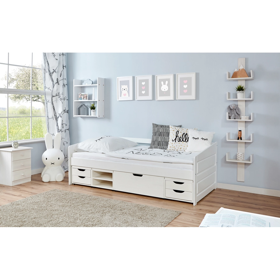 TiCAA Sofabett Micki Buche weiß mit 4 Funktionsschubladen