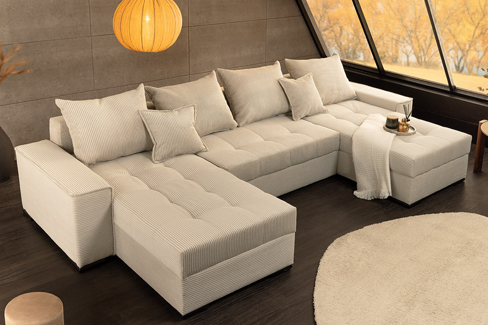 XXL Wohnlandschaft LODGE 315cm champagner beige Cord Sofa mit Schlaffunktion