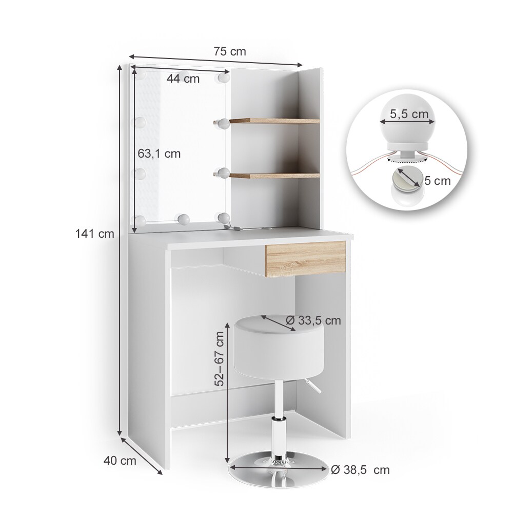 VICCO LED Schminktisch DEKOS Frisiertisch Kommode Kosmetik Weiß Eiche Hocker
