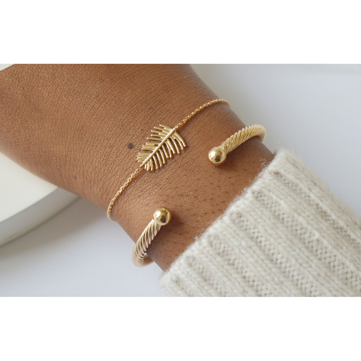 Bracelet chaîne branche feuille -Plaqué or