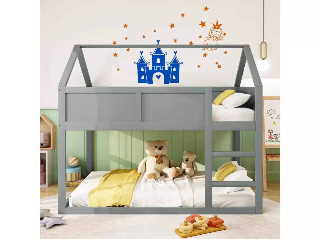 Lit superposé 90x200cm, lit cabane enfant avec escalier et 1x sommier à lattes en haut, cadre en bois massif, gris bois