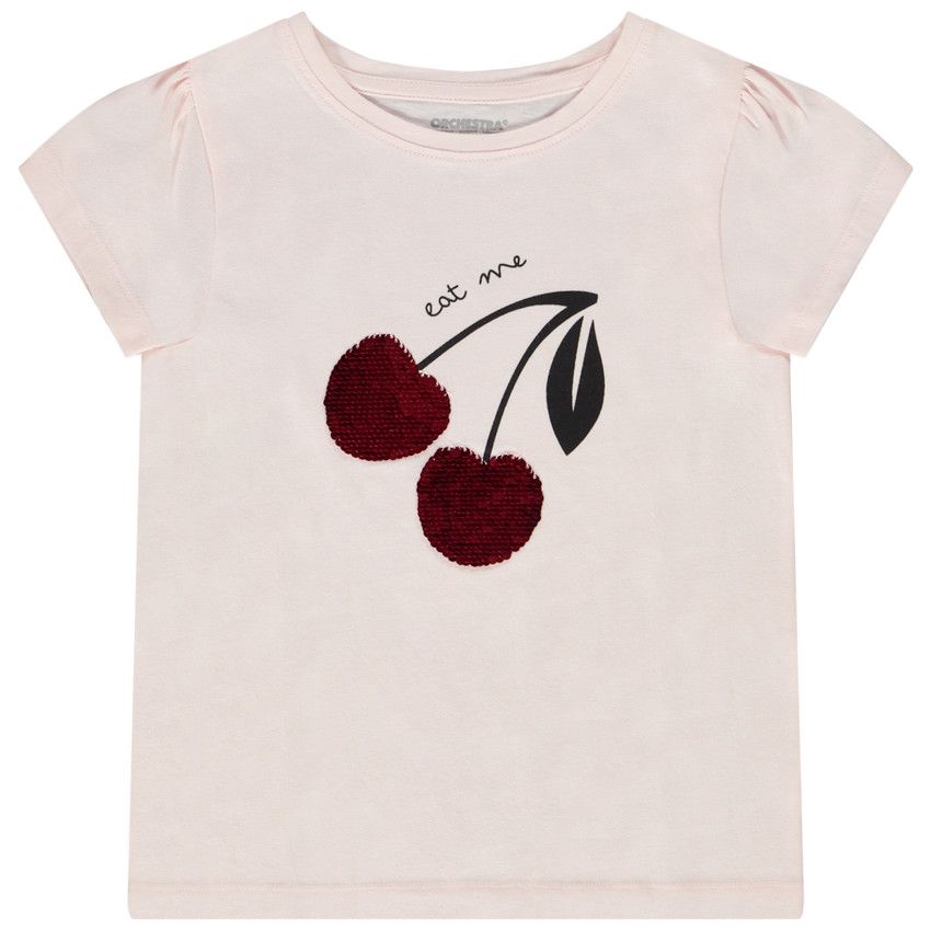 T-shirt manches coures print fruit en sequins magiques pour fille - Rose