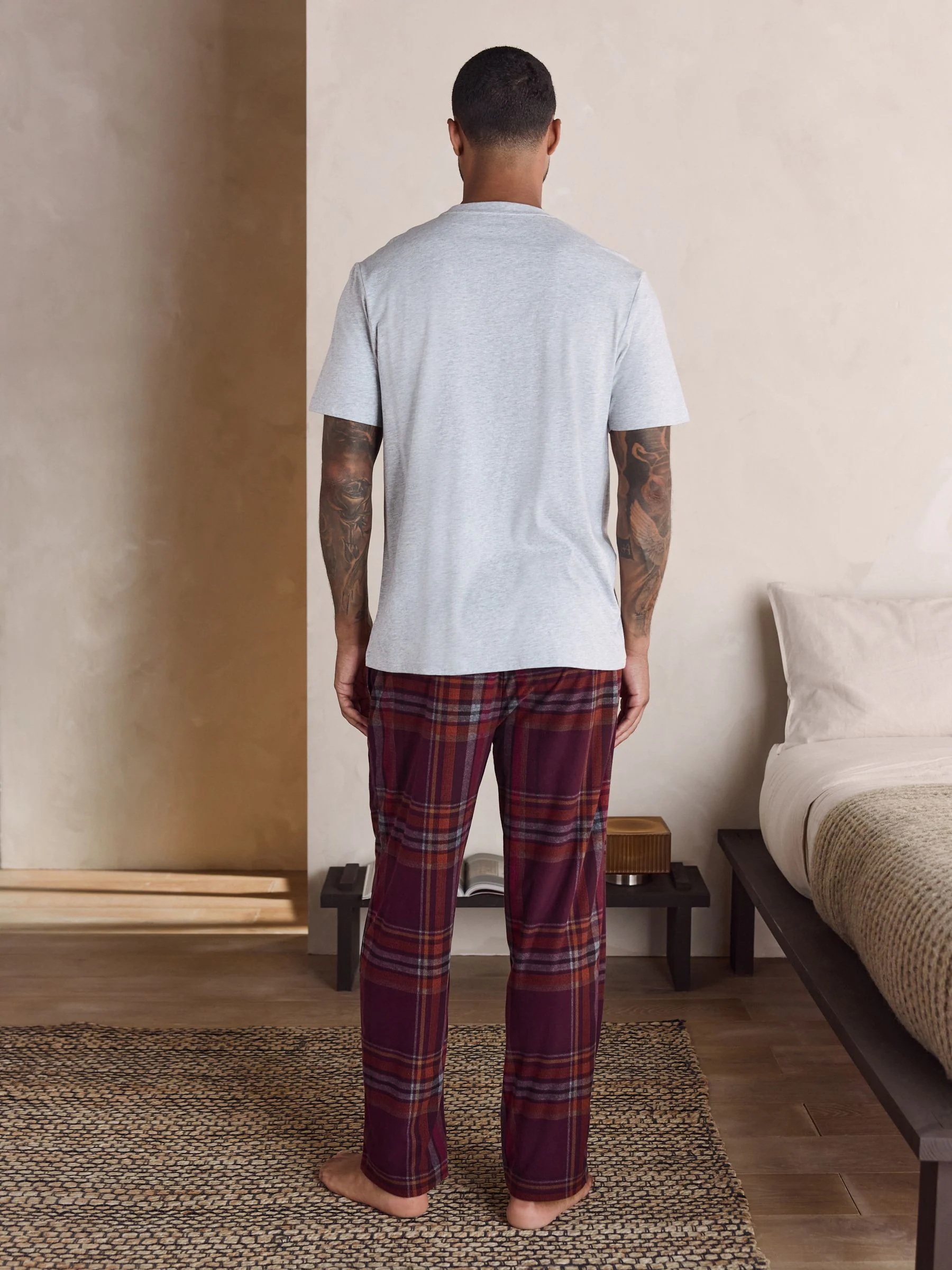 Grijs/bordeauxrood geruit - Motionflex Behaaglijke Pyjama Set met Korte Mouwen