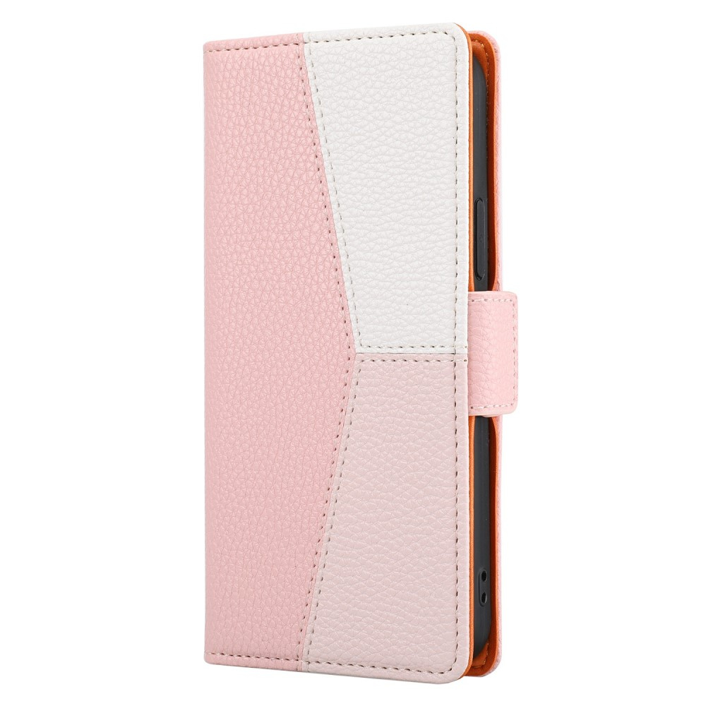 iPhone 12 / iPhone 12 Pro Leder Tasche Flip Cover Litchi Look mit Kartenfächern Geometrisches Design - Rosa / Weiss