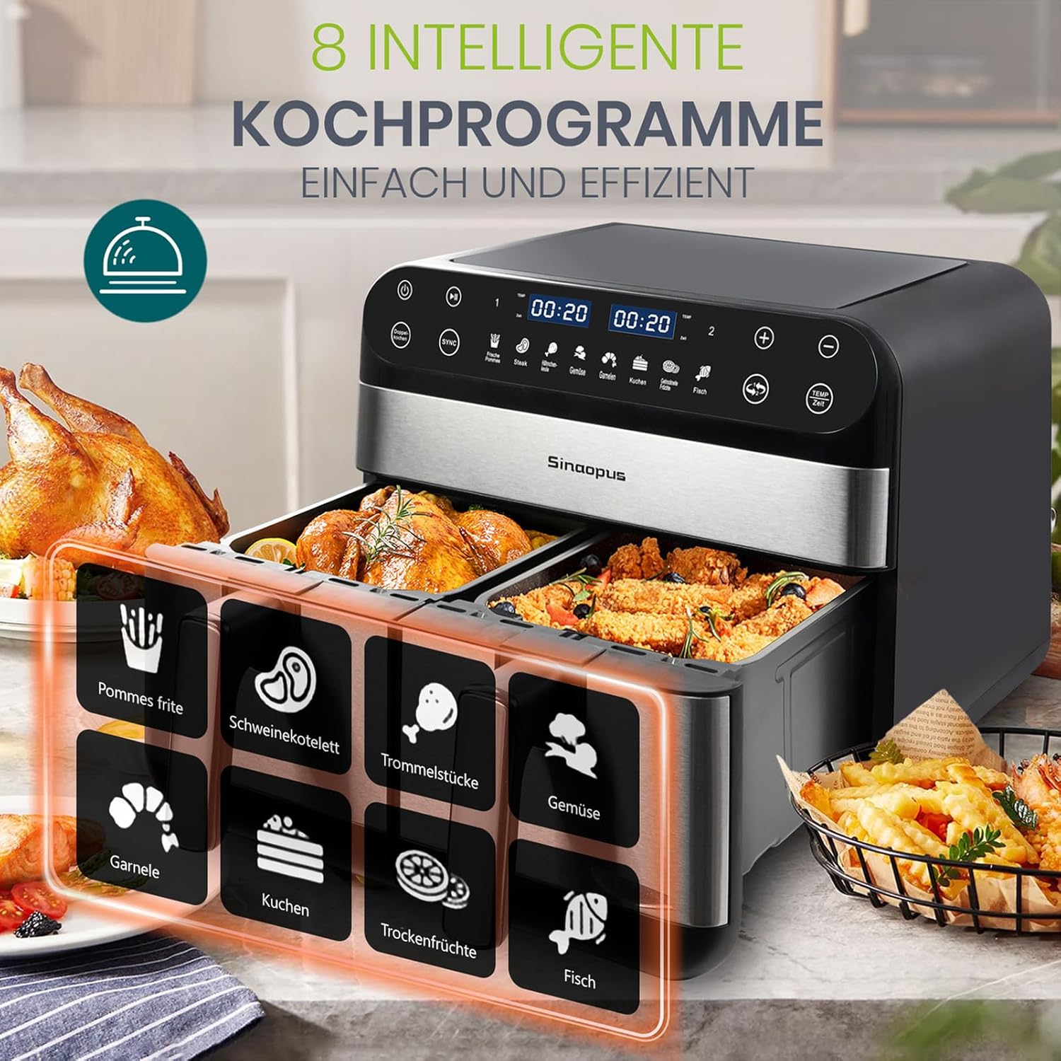 Heißluftfritteuse 2 Kammern,Dual Zone Heißluftfritteuse 10L – Doppelkammer XXL 2400 W, LED-Touchscreen, 8 Programme, Friteuse Heissluft ohne Öl, Airfryer mit 2 Körben(10L)