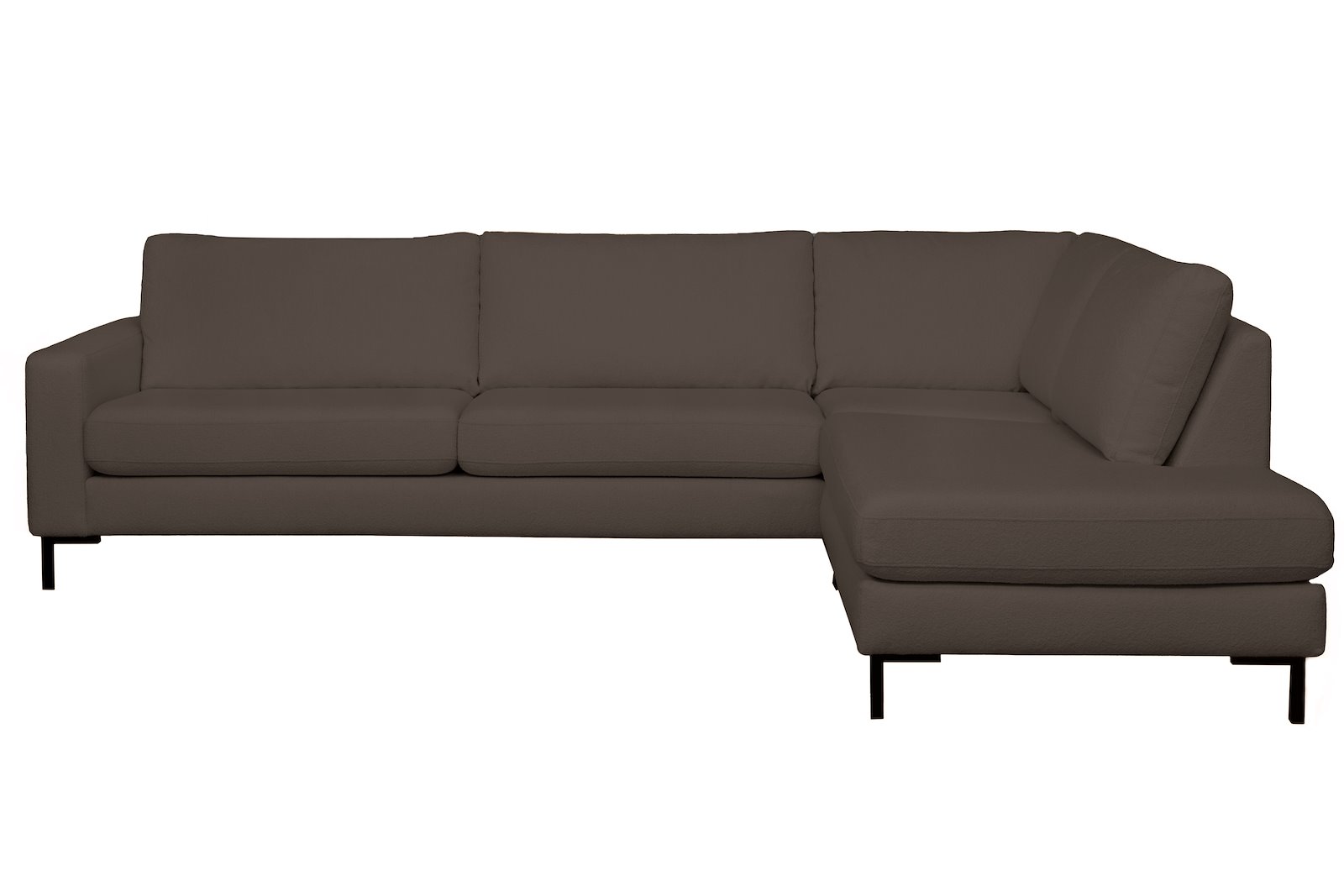 Pixel hjørnesofa 3-seter med åpen ende høyre. I tekstil Niva BP07-03 Grey. Høy front, sorte stålben M01 og arm A15. Komfort 1.