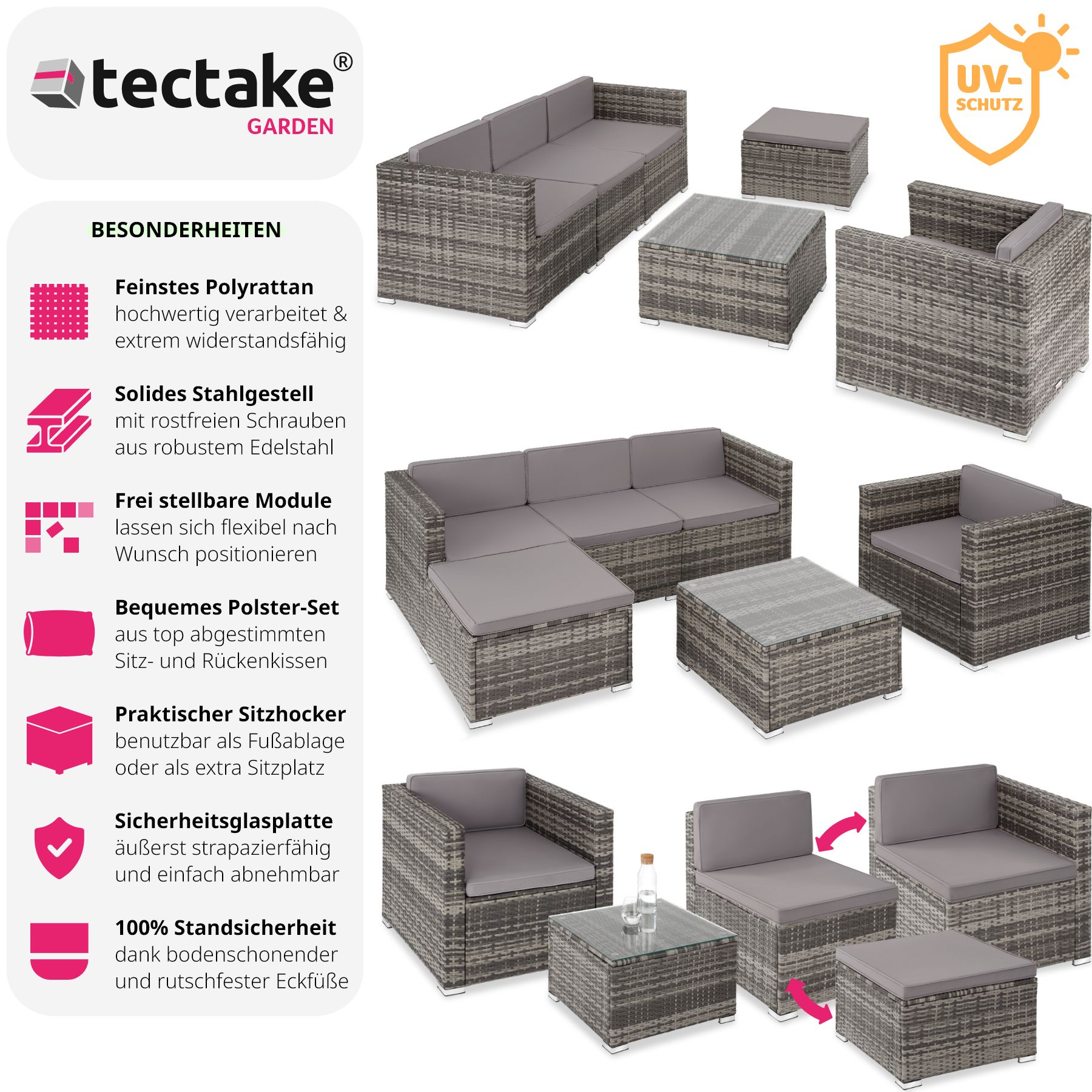 tectake® Rattan Lounge, für 4 bis 5 Personen, UV-beständig, variabel aufstellbar