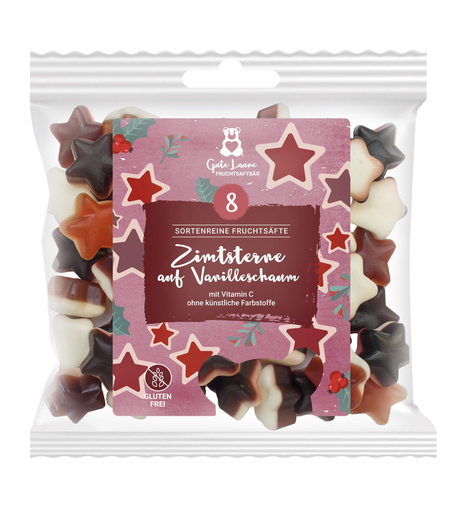 naschlabor Fruchtgummi Zimtsterne auf Vanilleschaum