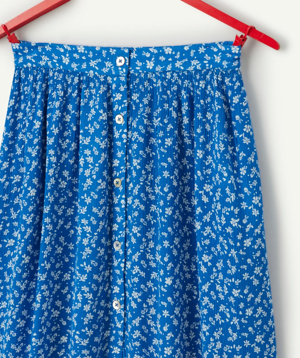 jupe longue fille en viscose responsable bleue et imprimée fleurie