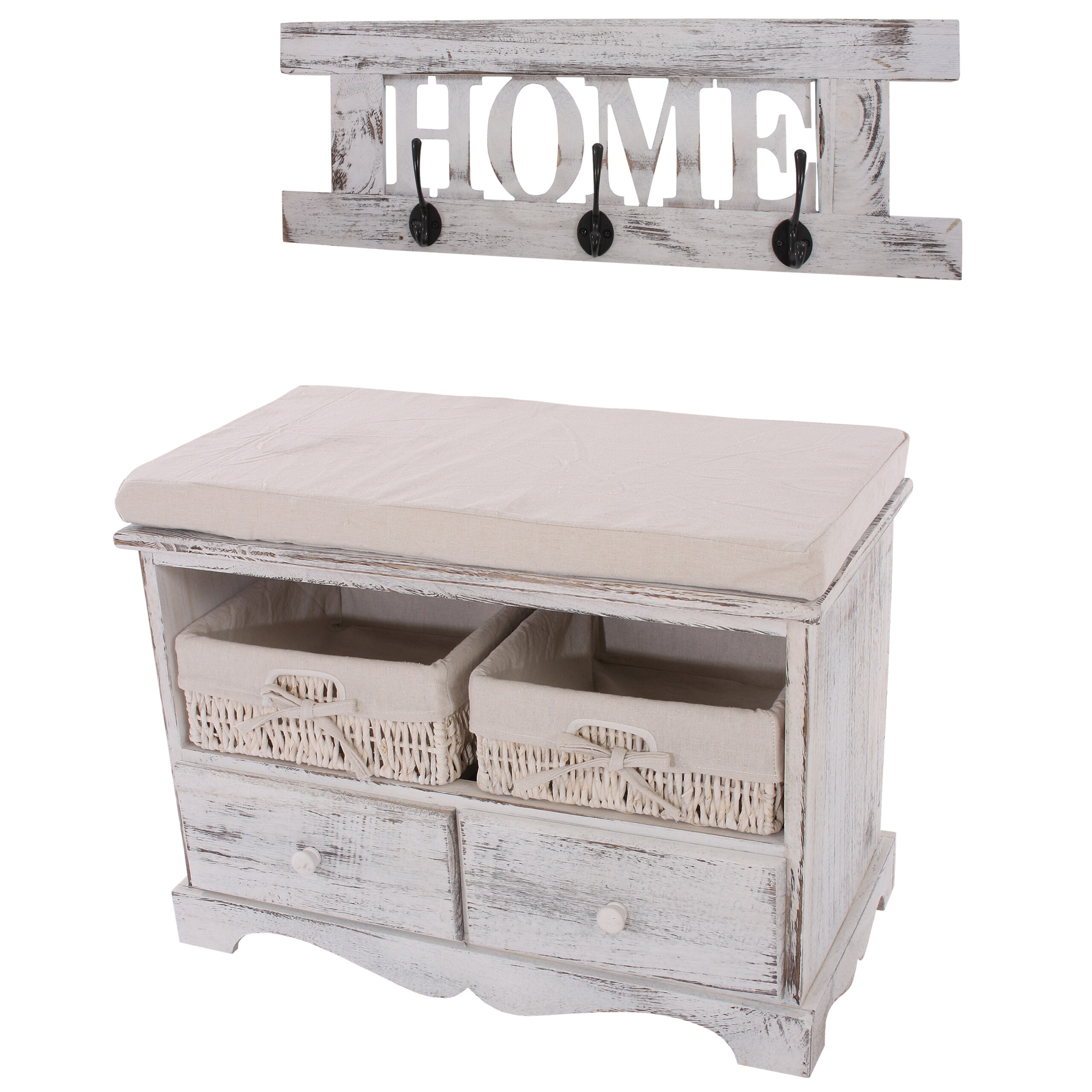 Garderobe mit Sitzbank Kommode mit 2 Körben 42x62x33cm, Shabby-Look, Vintage ~ weiß