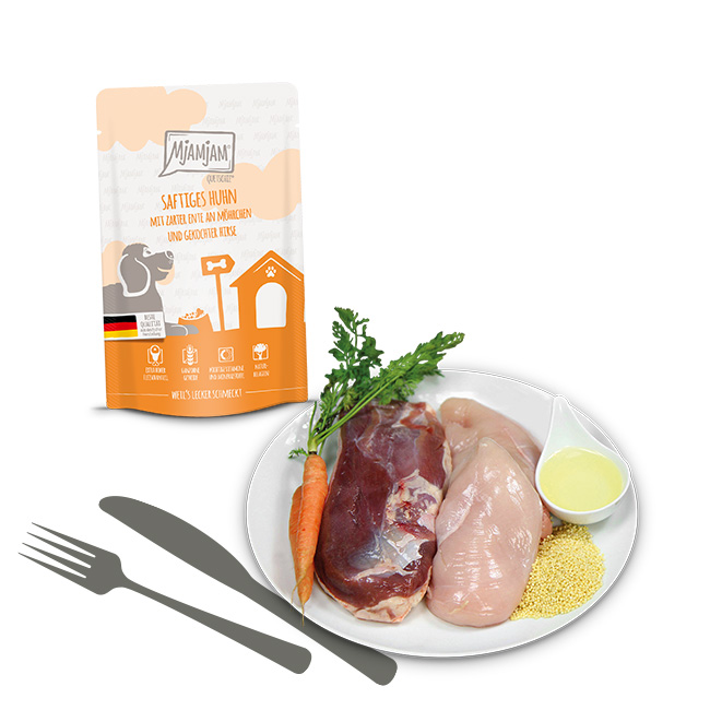Quetschie - saftiges Huhn mit zarter Ente an Möhrchen und gekochter Hirse