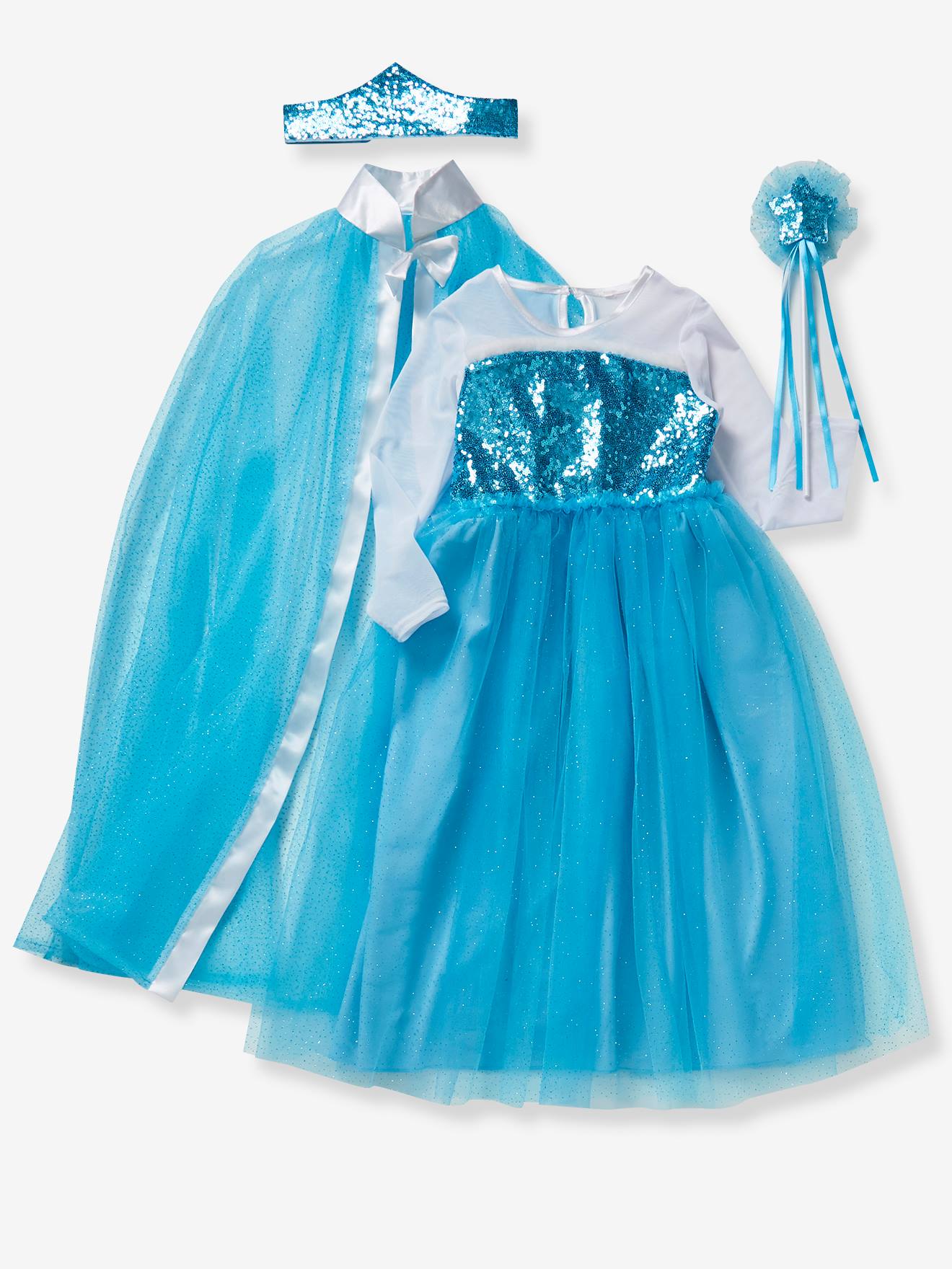 Fantasia de princesa com capa, varinha mágica e coroa azul.