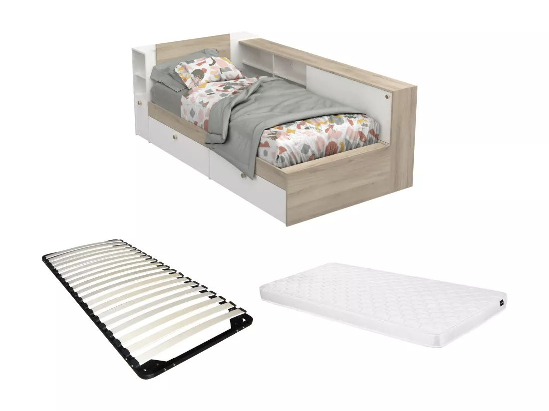 Lit modulable 90 x 190/200 cm avec rangements - Blanc et naturel + Sommier + Matelas - LIARA