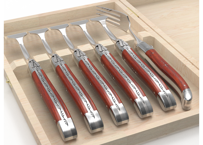 Service de 6 fourchettes Laguiole avec un manche en bois de corail et mitres en acier inoxydable