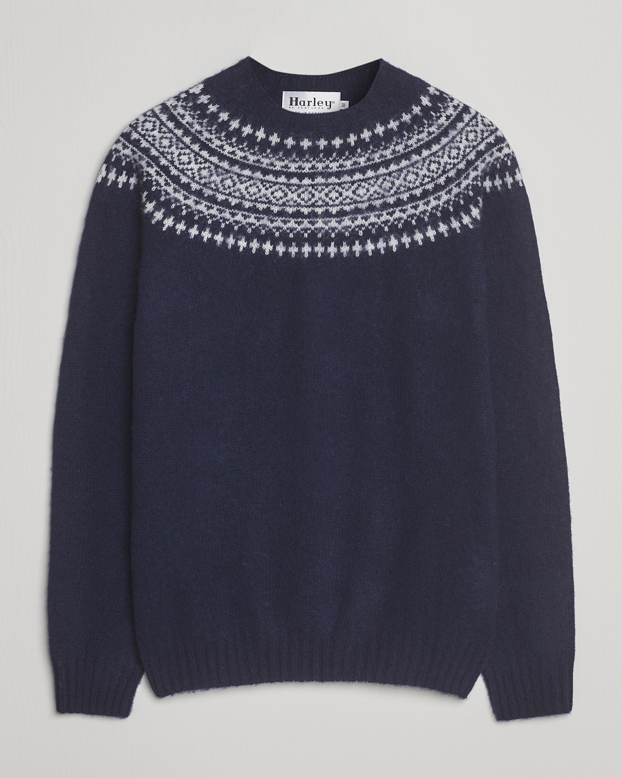 Harley Of Scotland Brushed Supersoft Lambswool Yolk Fairisle Navy