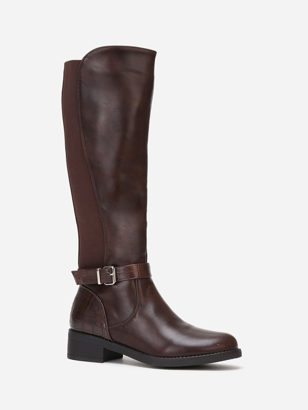 Bottes cavalière en simili effet croco- Marron foncé