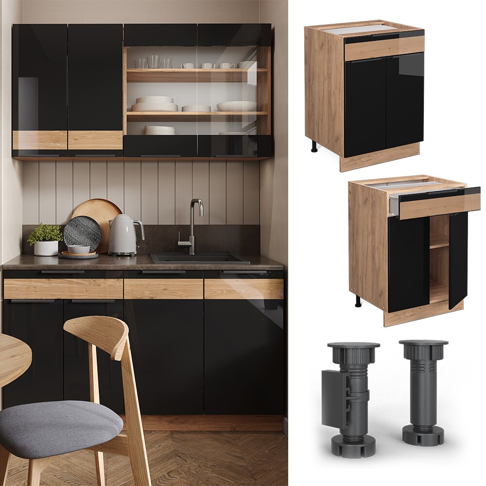 Vicco Schubunterschrank Küchenschrank Küchenmöbel Fame-Line Eiche Schwarz 60 cm modern Hochglanz
