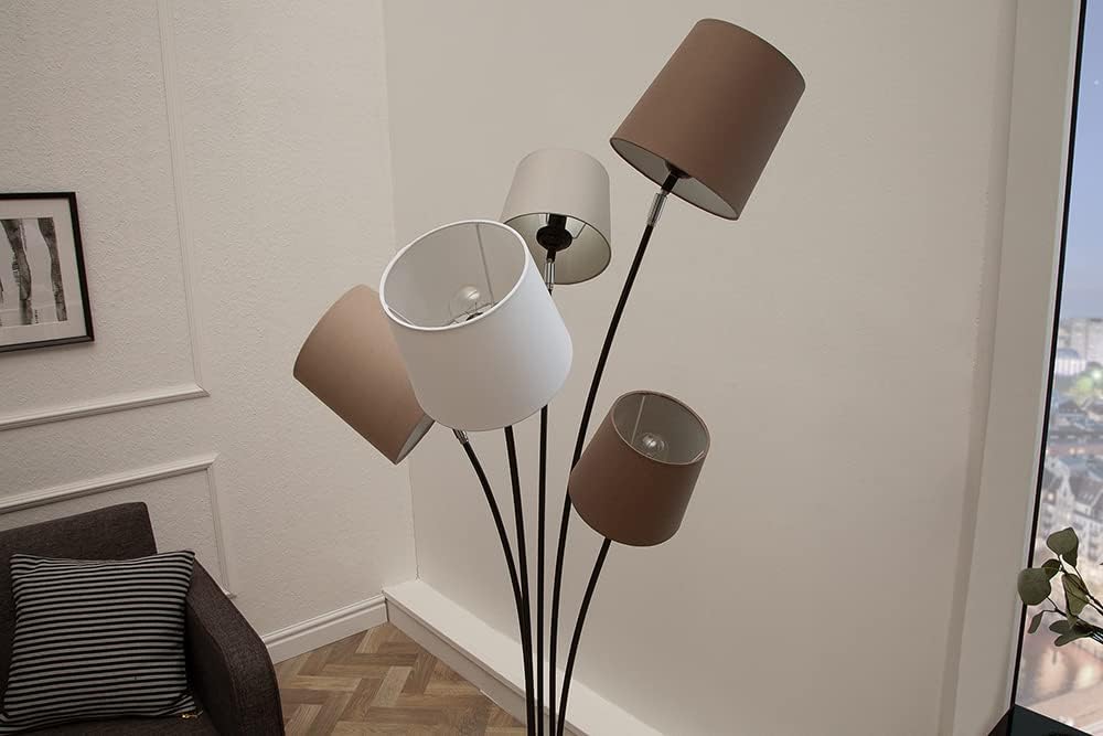 Design Stehleuchte LEVELS weiß beige braun mit 5 Leinen Schirmen Stehlampe Wohnzimmerleuchte Leselampe