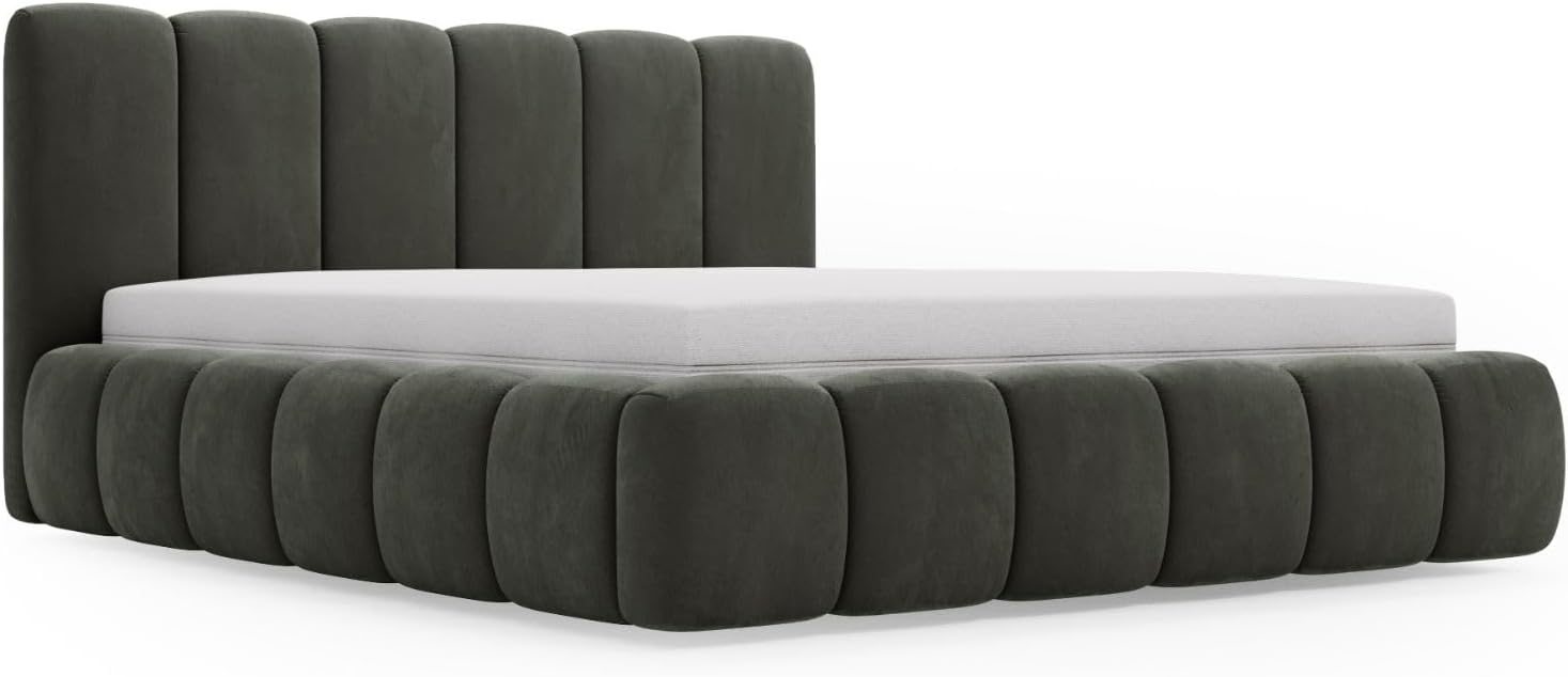 GRAINGOLD Cloud Bett 180x200, Polsterbett mit Bettkasten, Polsterbett mit Stauraum, Samt, mit Lattenrost, mit Kopfteil, ohne Matratze (Grau, 180x200)