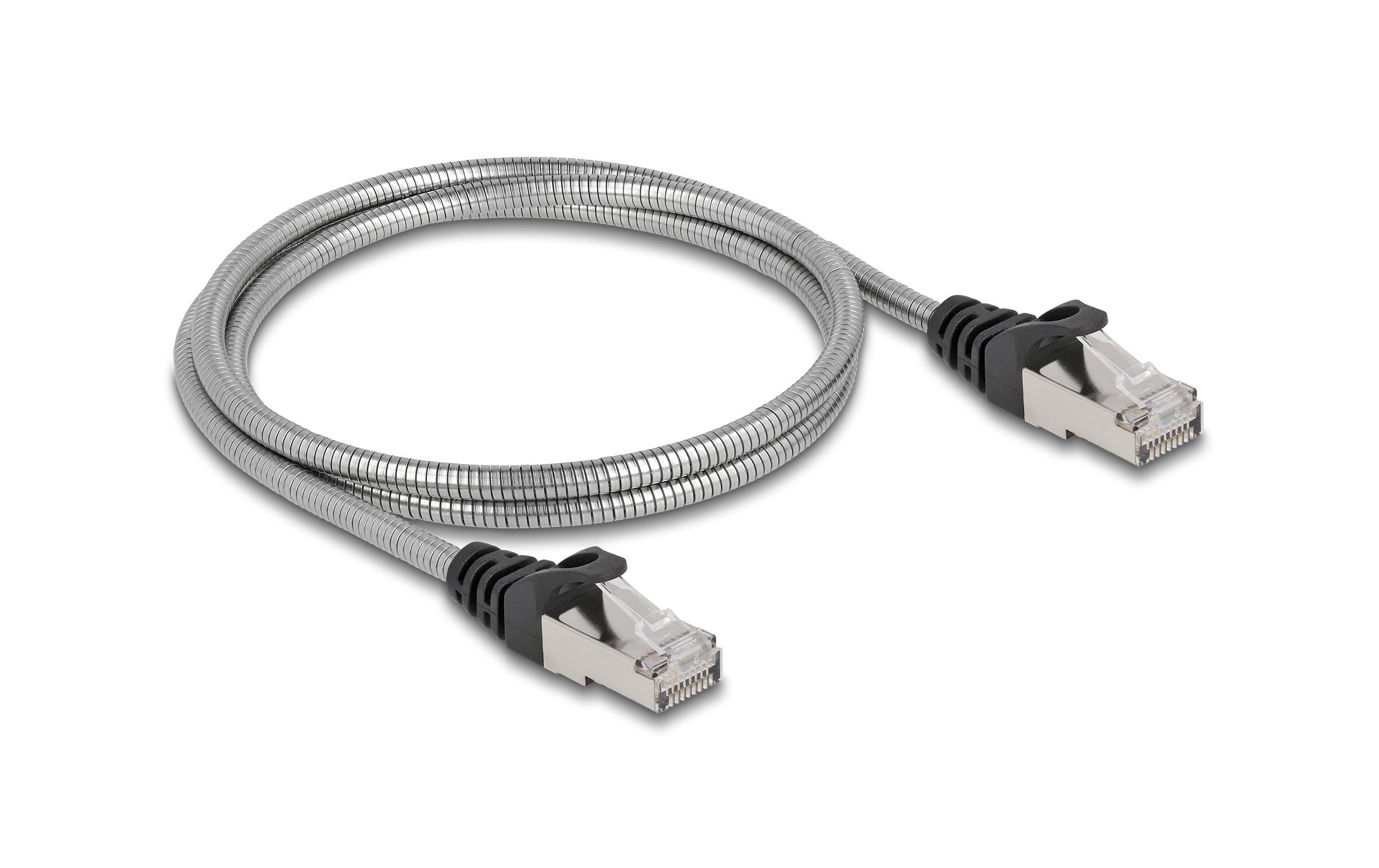 Patchkabel mit Metallmantel Cat 6A, U/FTP, 1 m, SilberDelock RJ45 Kabel Cat.6A U/FTP mit Metallmantel 1 m