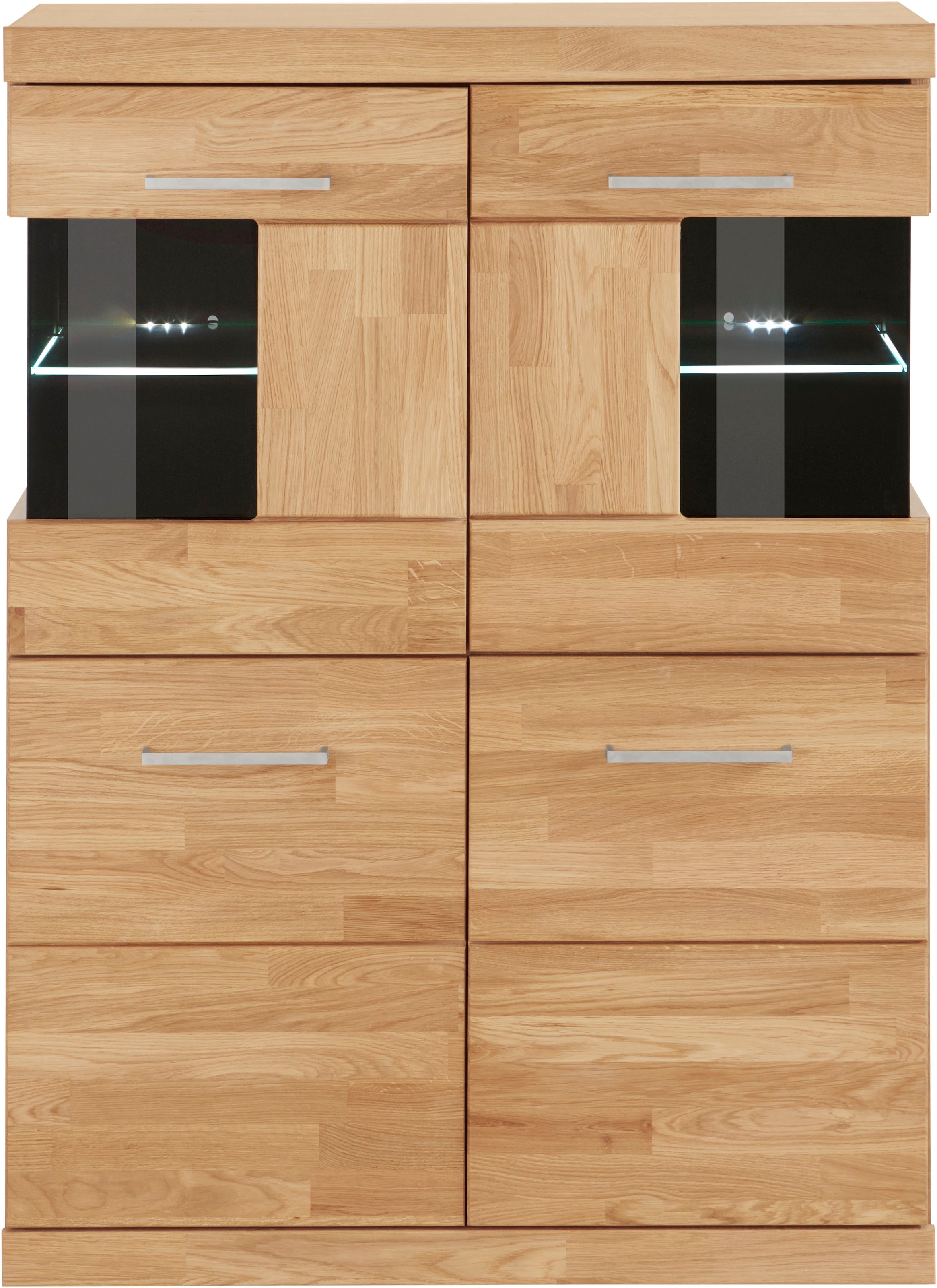 Home affaire Highboard »Ribe,85cm breit,115cm hoch, Fronten Massivholz,4 breite Fächer« Korpus Holzwerkstoff,2Türen mit  Glaseinsatz, Böden versetzbar