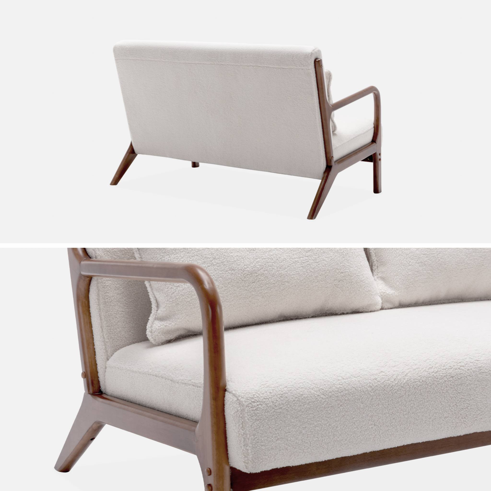 Banquette à bouclettes . Pieds bois d'hévéa teinté noyer clair. 2 places droit fixe. Pieds compas scandinave