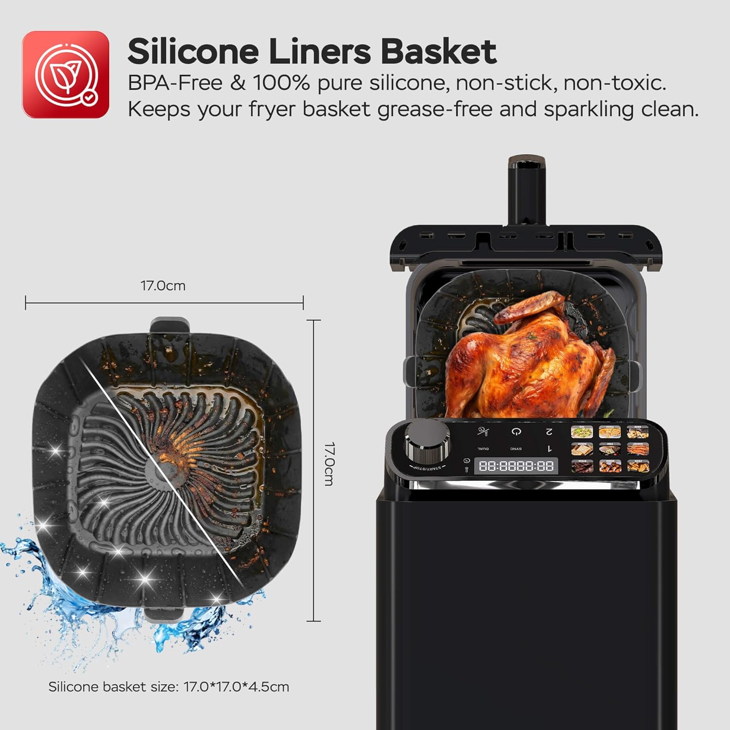 TurboTronic Heißluftfritteuse XXL – 11 L vertikale Doppelkammer Heißluftfritteuse 2 × 5,5 L DualZone, platzsparendes Double-Stack-Design AirFryer inkl. Silikoneinlagen, fettarmes Frittieren ohne Öl
