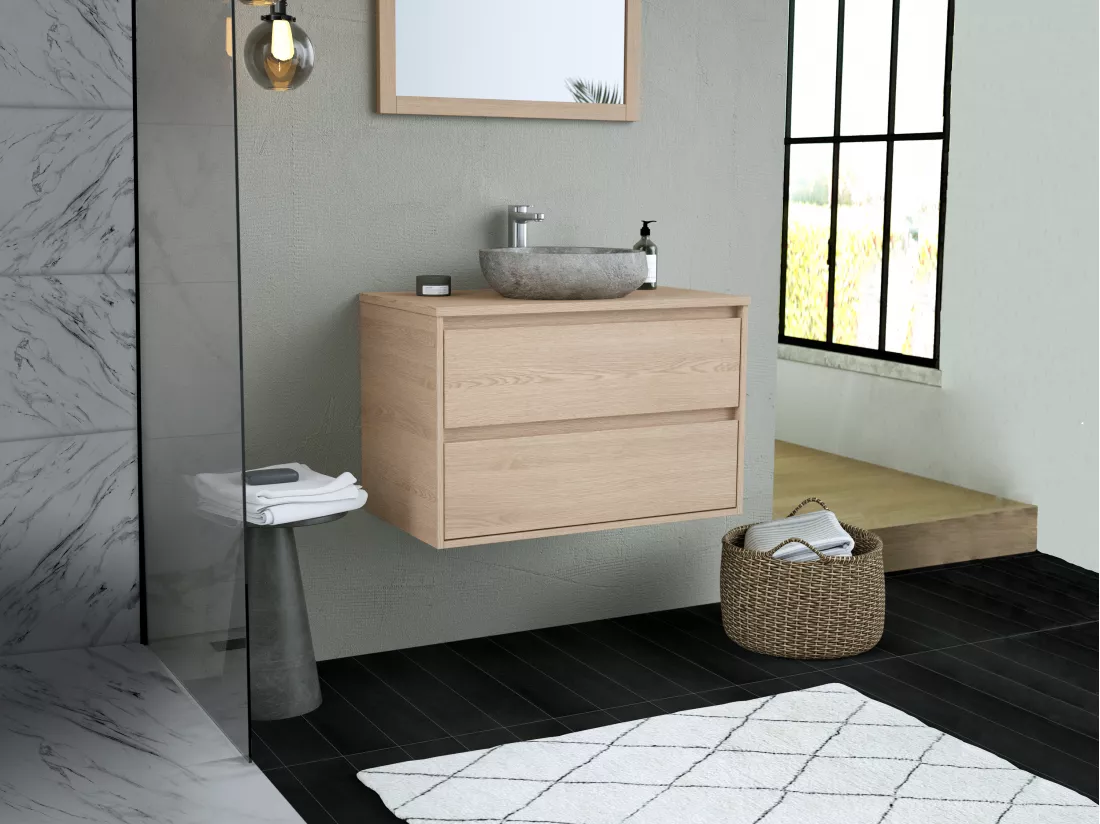 Meuble de salle de bain avec vasque à poser en pierre et miroir - Placage chêne - 80 cm - MILIPAM