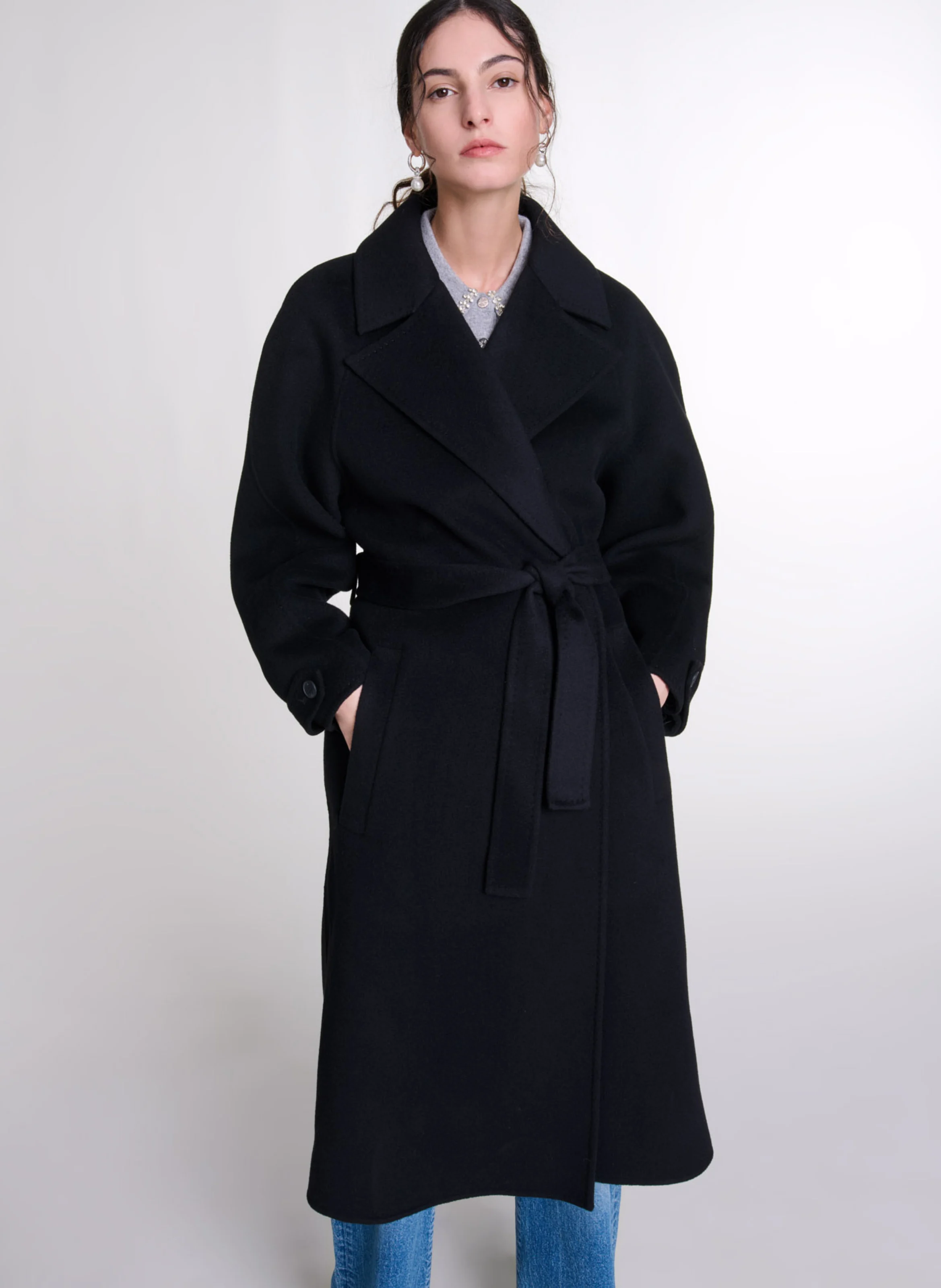Manteau mi-long double face en laine mélangée | Noir