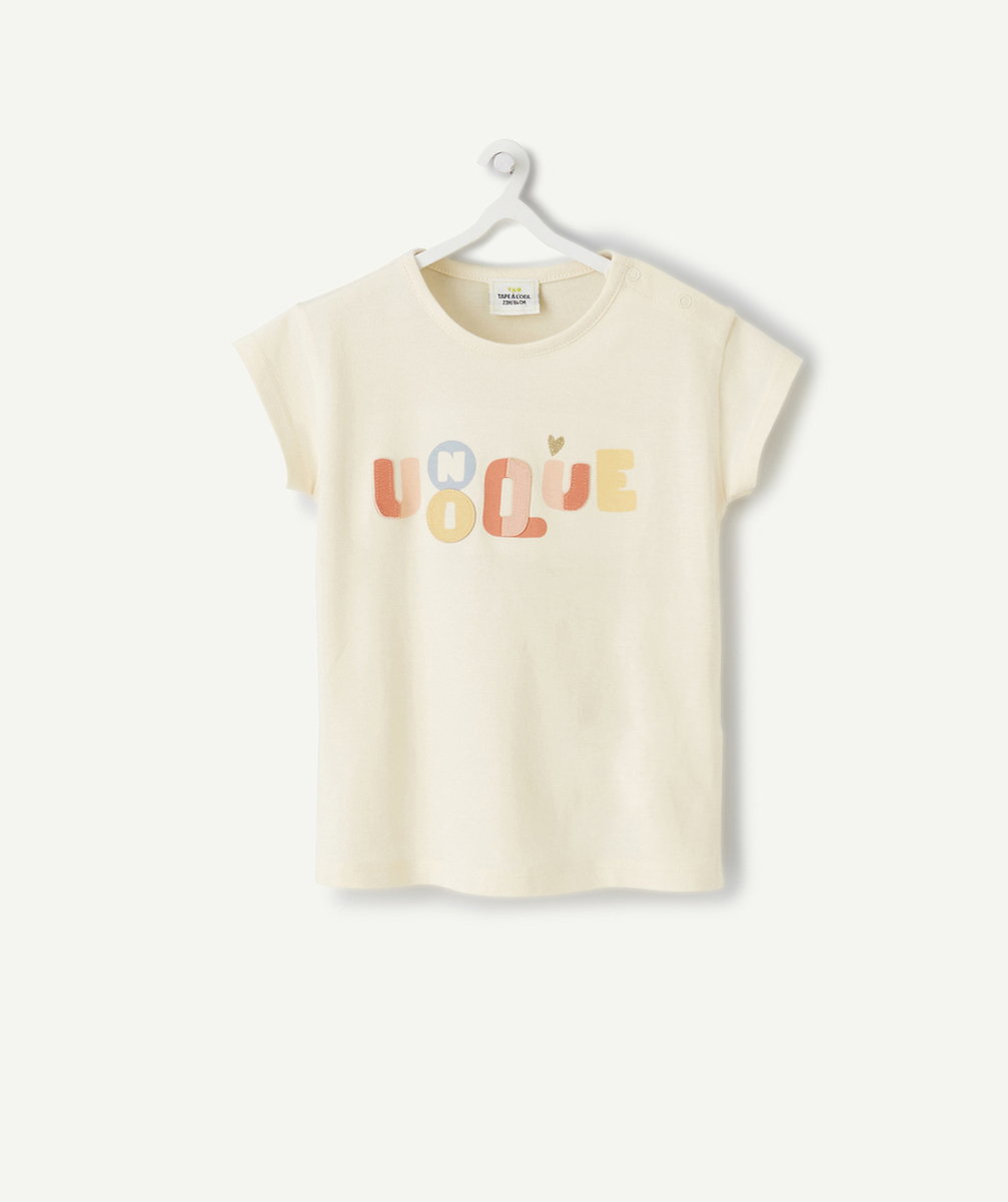 T-SHIRT BÉBÉ FILLE EN COTON BIO ÉCRU AVEC MESSAGE COLORÉ