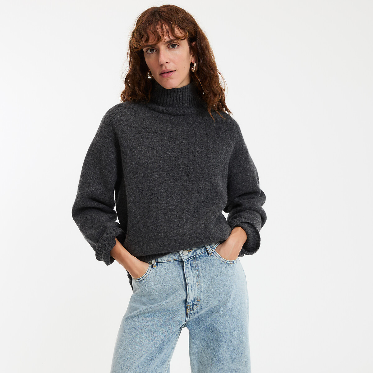 COLEÇÕES LA REDOUTE<br>Suéter de lã com gola rolê, tricô grosso