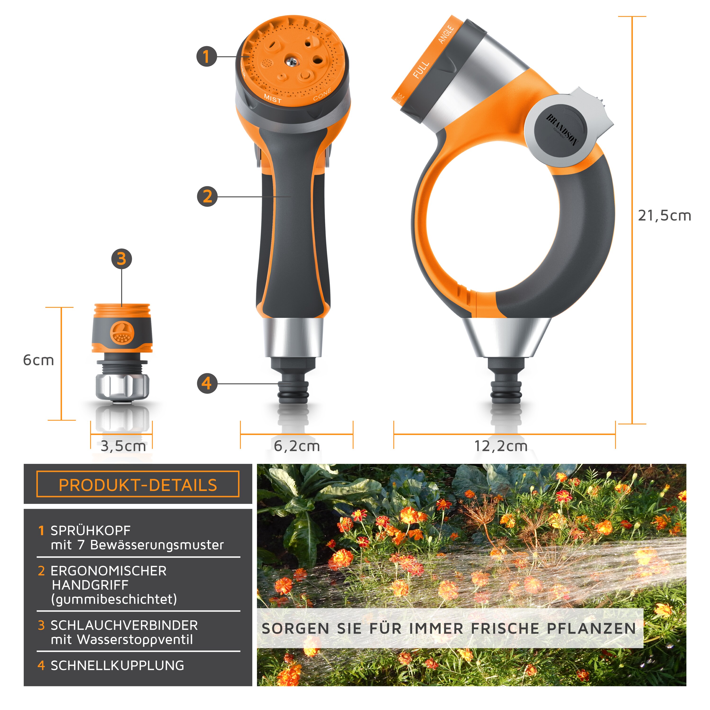 Brandson Garten-Handbrause | Gartenpistole Gartenbrause | 7 Sprühprofile | Schieberegler | Pistolengriff mit Halteclip | 1-8 bar Wasserdruck