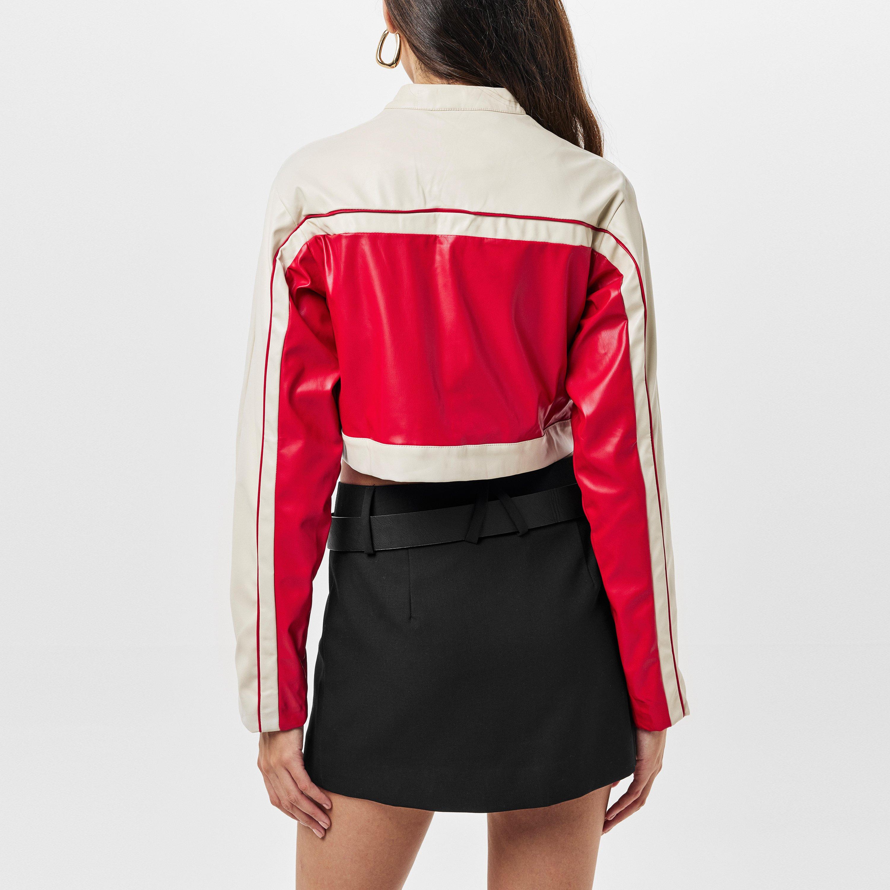Missy Empire ME Contrast Faux Leather Cropped Biker Jacket Womens