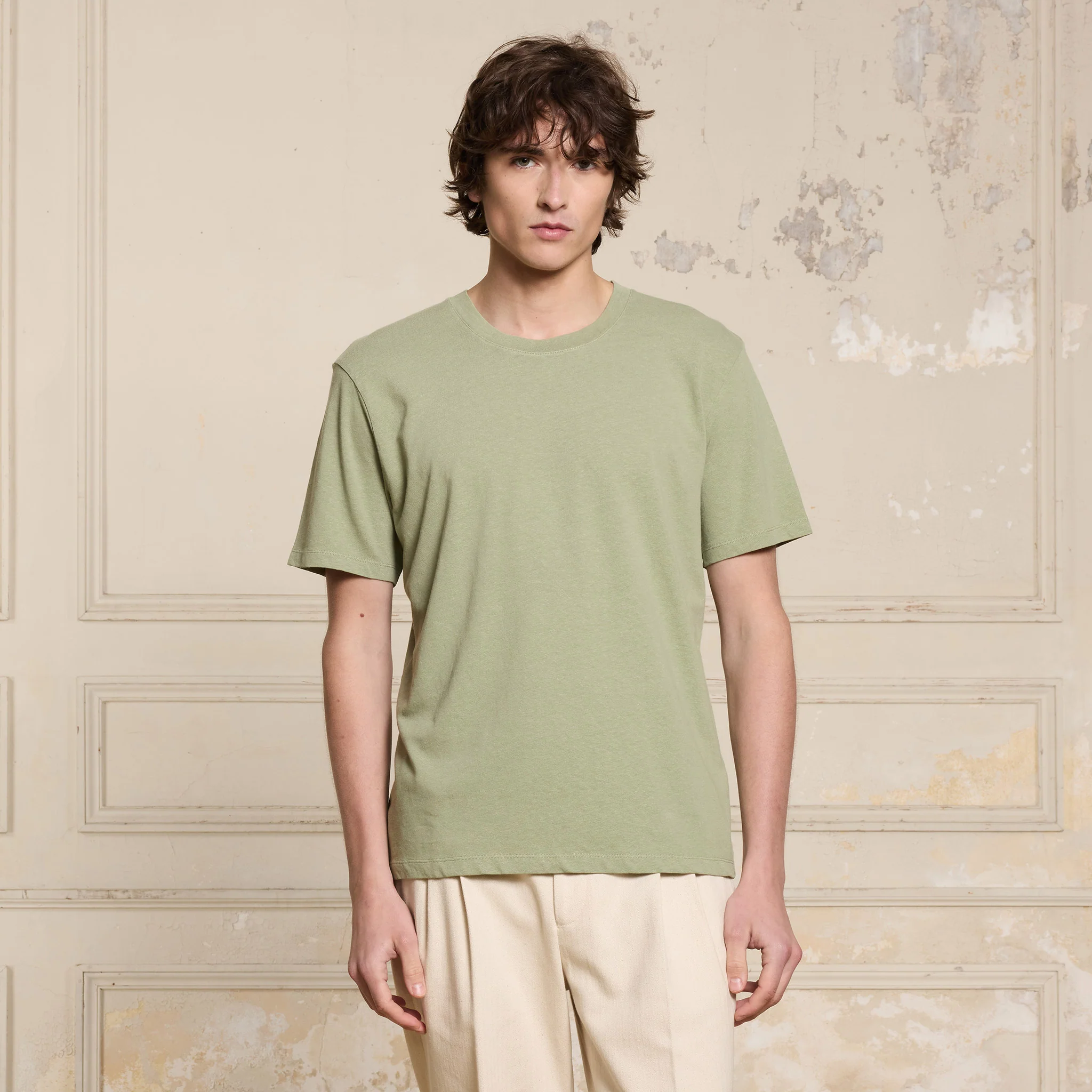 Sage green cotton and linen T-shirt
