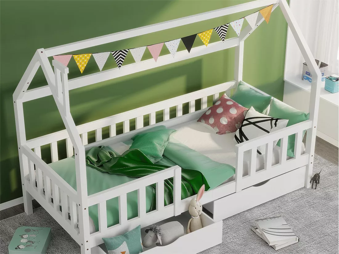 Lit cabane pour enfant 90x200cm - Bois pin massif - 2 Tiroirs espace de rangement - avec sommier à lattes et barrière - Blanc